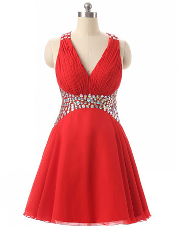 Sexy Empire waist V-Neck Short Chiffon Rhinestone Homecoming Dress