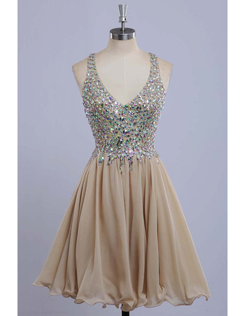 Designer V-Neck Mini/ Short Chiffon Rhinestone Formal Homecoming Dress