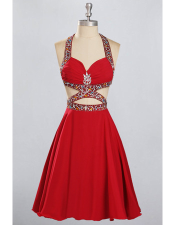 Sexy Halter Sweetheart Short Red Chiffon Open Back Homecoming Dress