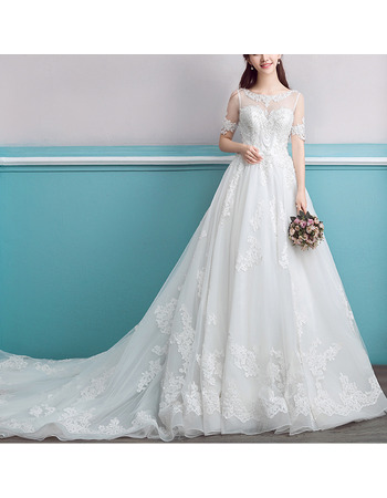 Fashionable Chapel Train Organza Bridal Wedding Dress with Short Sleeves