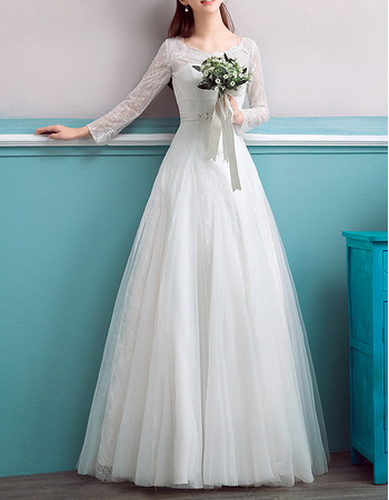 Simple Full Length Lace Wedding Dress with Long Lace Sleeves