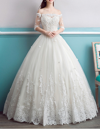 Inexpensive Ball Gown Off-the-shoulder Bridal Wedding Dress with Half Sleeves