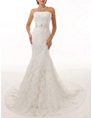 Classy Mermaid Strapless Sleeveless Sweep Train Lace Wedding Dress