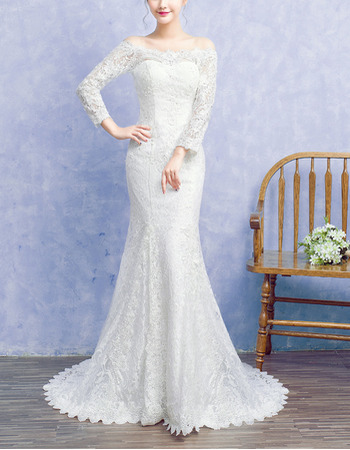 Inexpensive Classy Off-the-shoulder Lace Wedding Dress with Long Sleeves