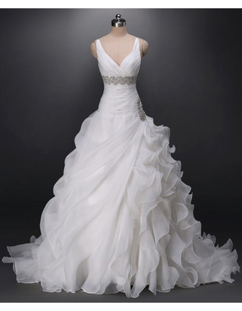 Gorgeous V-Neck Sweep Train Organza Asymmetric Ruffle Wedding Dress