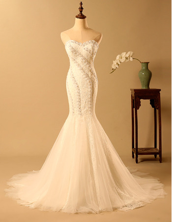 Elegant Mermaid Sweetheart Long Lace Bodice Wedding Dress