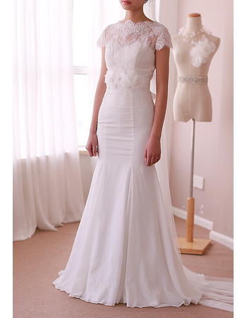 Vintage Mermaid Sweep Train Chiffon Wedding Dress with Short Sleeves