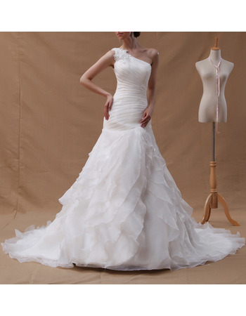 Timeless One Shoulder Court Train Chiffon Pleated Wedding Dress