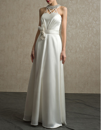 Modern Chic Beading Neck Full Length Satin Bridal Wedding Dress with Straps