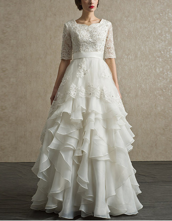 Luxury Full Length Chiffon Layered Skirt Wedding Dress with Half Sleeves