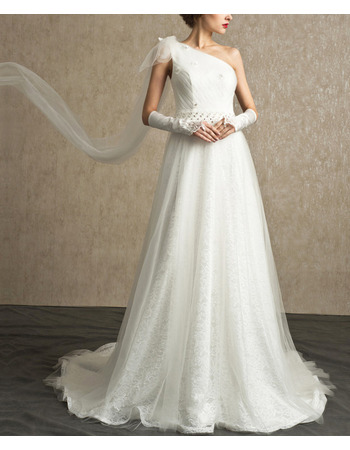 Elegant One Shoulder Sweep Train Lace Organza Wedding Dress