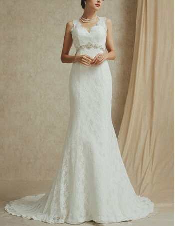 Elegant V-Neck Sleeveless Sweep Train Lace Open Back Wedding Dress