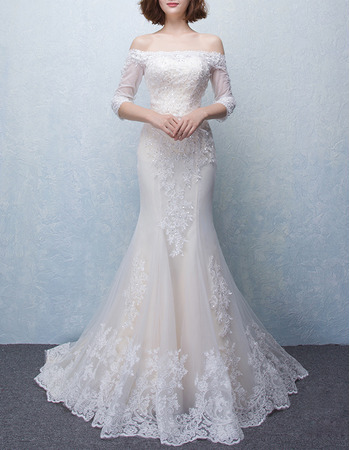 Custom Sheath Long Organza Wedding Dress with 3/4 Long Sleeves