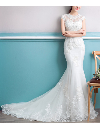 Inexpensive Elegant Mermaid Court Train Organza Embroidery Wedding Dress