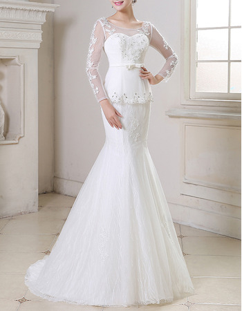 Sexy Mermaid Sweep Train Organza Wedding Dress with Long Sleeves