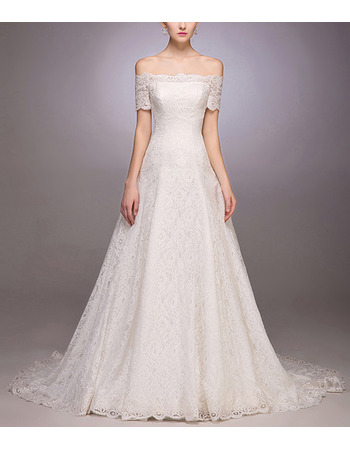 Classic Off-the-shoulder Lace Wedding Dress with Short Sleeves