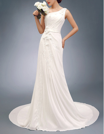 Inexpensive Elegant One Shoulder Sleeveless Sweep Train Chiffon Wedding Dress