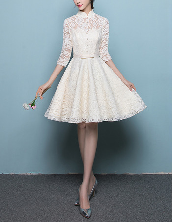 Affordable Mandarin Collar Lace Wedding Dress with 3/4 Long Sleeves