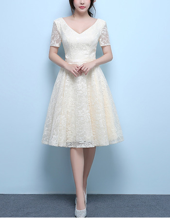 Elegant V-Neck Knee Length Lace Wedding Dress with Short Sleeves