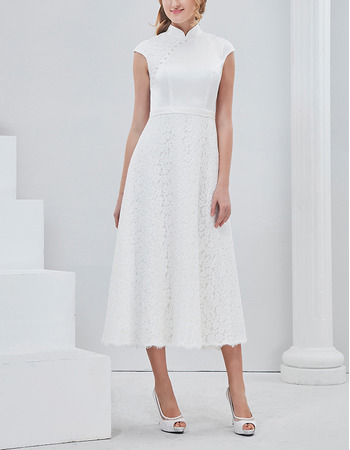 Modest Mandarin Collar Tea Length Lace Skirt Wedding Dress