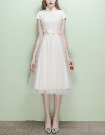 Modest Mandarin Collar Cap Sleeves Short Reception Wedding Dress