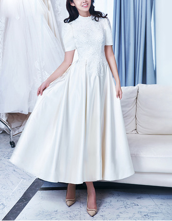 Vintage A-Line Ankle Length Satin Bridal Wedding Dress with Short Sleeves