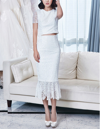 Chic Sheath Tea Length Lace Two-Piece Wedding Dress with Short Sleeves