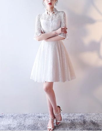 Modern Short Lace Reception Bridal Wedding Dress with Half Bell Sleeves