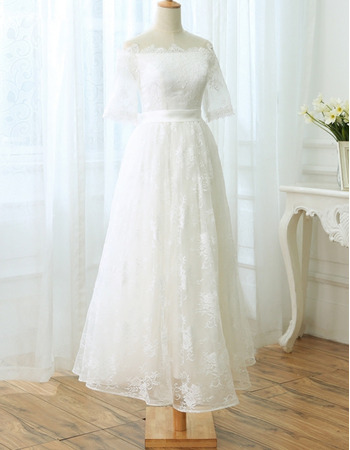 Simple Off-the-shoulder Tea Length Lace Wedding Dress with Short Sleeves