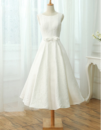 Modest A-Line Sleeveless Tea Length Lace Reception Wedding Dress