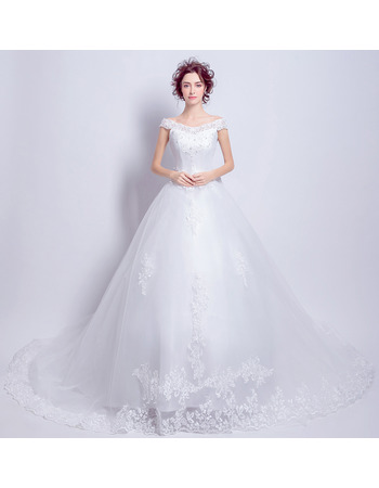 Classic Europe Off-the-shoulder Cathedral Train Organza Bridal Wedding Dress