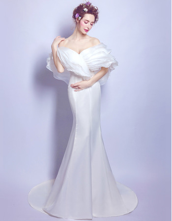 Elegant Sheath Off-the-shoulder Sweep Train Satin Bridal Wedding Dress