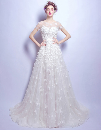 Custom Modern Sweep Train Organza Applique Bridal Wedding Dress with Short Sleeves