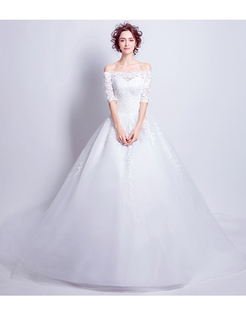 Inexpensive Off-the-shoulder Chapel Train Bridal Wedding Dress with Half Sleeves