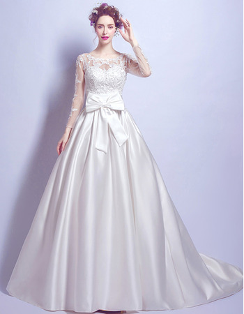 Fashion Chapel Train Satin Bridal Wedding Dress with Long Sleeves