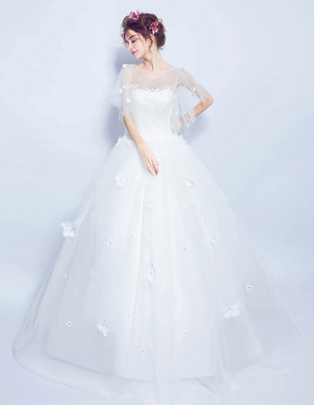 Modern Ball Gown Floor Length Organza Bridal Wedding Dress with Short Sleeves