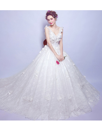 Romantic V-Neck Sleeveless Chapel Train Lace Bridal Wedding Dress