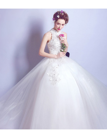 Classic Ball Gown Mandarin Collar Sleeveless Floor Length Bridal Wedding Dress