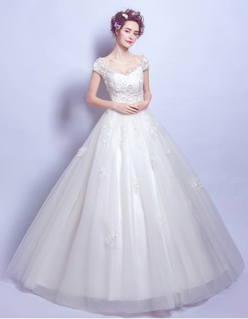 Classy Off-the-shoulder Floor Length Bridal Wedding Dress with Cap Sleeves
