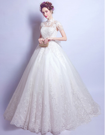 Fashionable Mandarin Collar Floor Length Bridal Wedding Dress with Short Sleeves