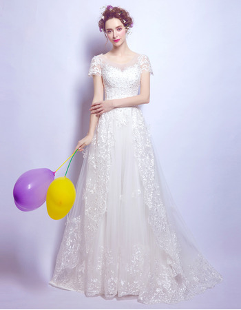 Stylish Sweep Train Organza Bridal Wedding Dress with Short Sleeves