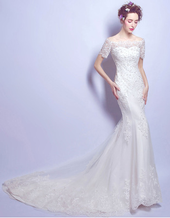 2022 Timeless Off-the-shoulder Sweep Train Bridal Wedding Dress with Short Sleeves