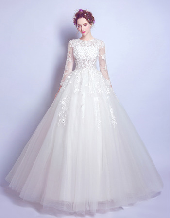 Designer Custom A-Line Floor Length Organza Bridal Wedding Dress with Long Sleeves