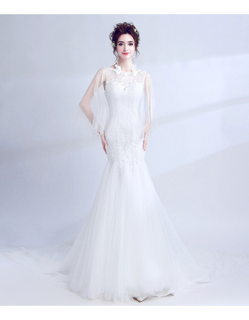 Luxury Mermaid Chapel Train Wedding Dress with Organza Shawl