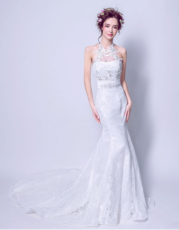 Custom Chic Mermaid Halter Sleeveless Sweep Train Lace Wedding Dress