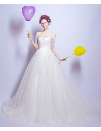 Modern Off-the-shoulder Chapel Train Wedding Dress with Half Sleeves