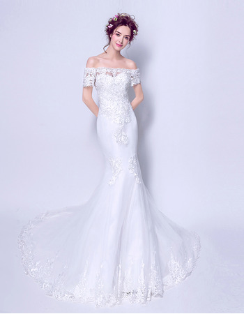 Custom Elegant Mermaid Off-the-shoulder Long Wedding Dress with Short Sleeves