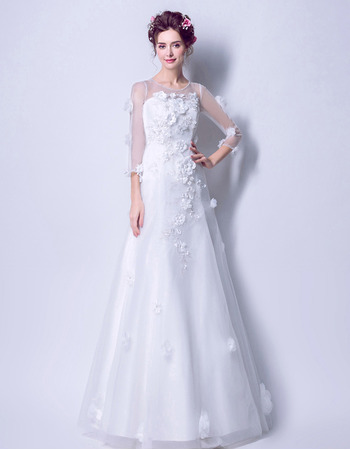 New Modern A-Line Floor Length Wedding Dress with 3/4 Long Sleeves