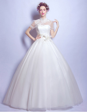 Timeless Elegant Ball Gown Mandarin Collar Wedding Dress with Short Sleeves