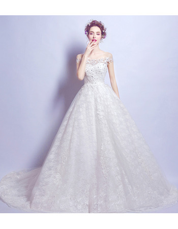 Affordable Elegant A-Line Off-the-shoulder Court Train Lace Wedding Dress